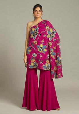Magenta Pink Printed Organza Fusion Set