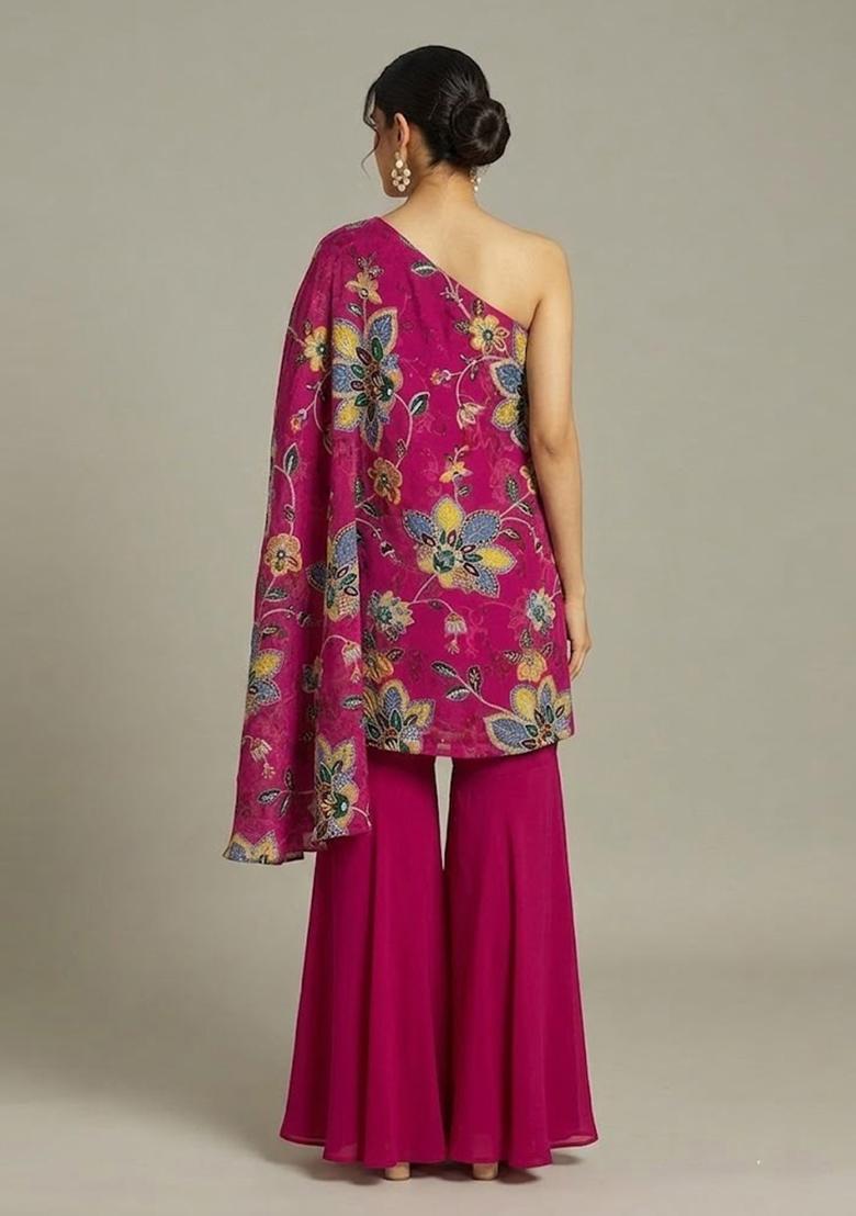 Magenta Pink Printed Organza Fusion Set - Indya