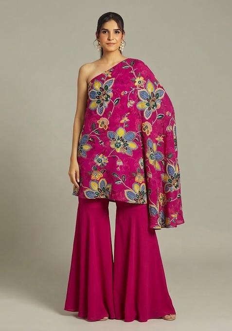 Magenta Pink Printed Organza Fusion Set