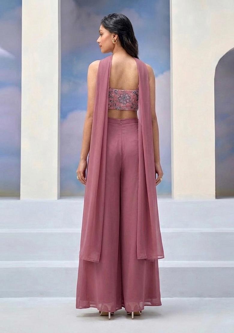 Dusty Rose Embroidered Organza Fusion Set - Indya