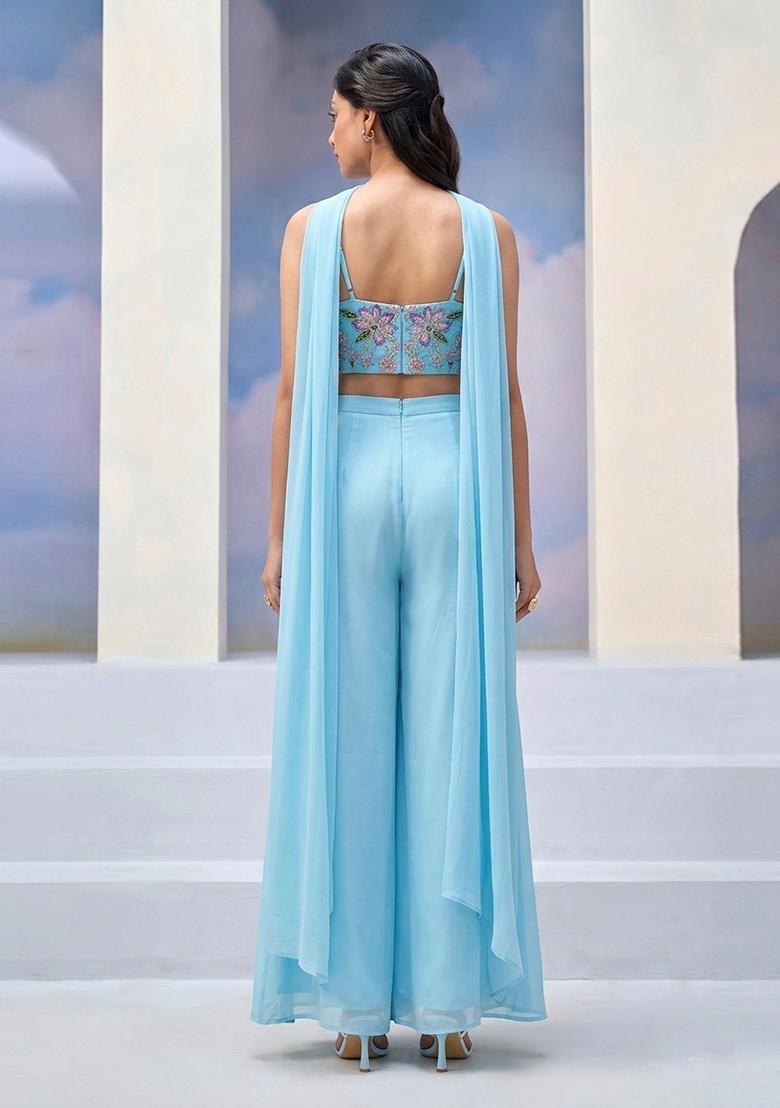 Blue Embroidered Organza Fusion Set - Indya