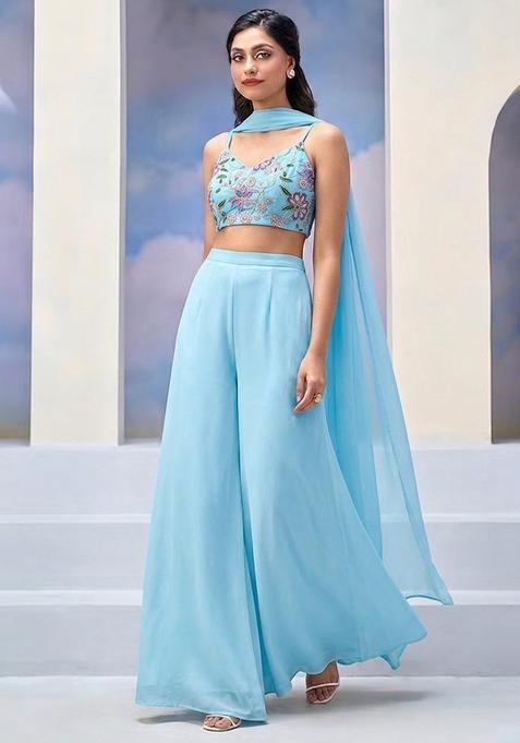 Blue Embroidered Organza Fusion Set