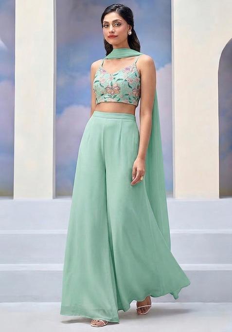 Mint Embroidered Organza Fusion Set