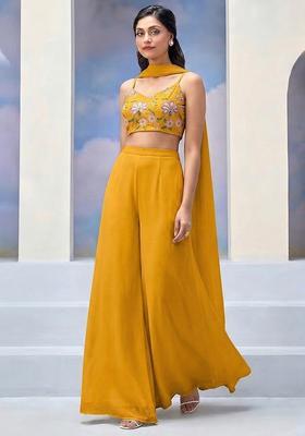 Mustard Yellow Embroidered Organza Fusion Set