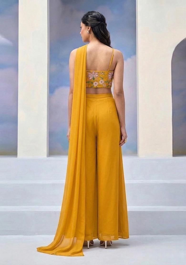 Mustard Yellow Embroidered Organza Fusion Set - Indya