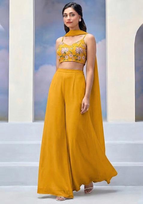 Mustard Yellow Embroidered Organza Fusion Set