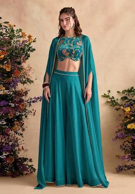 Teal Printed Crepe Fusion Set