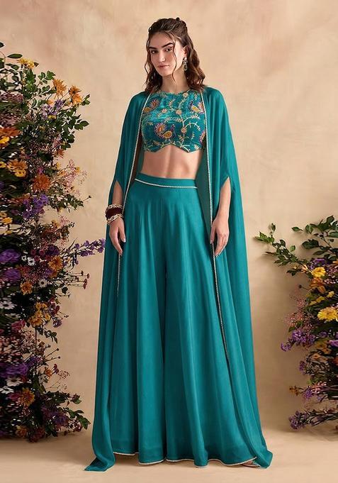 Teal Printed Crepe Fusion Set