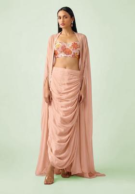 Peach Printed Crepe Fusion Set
