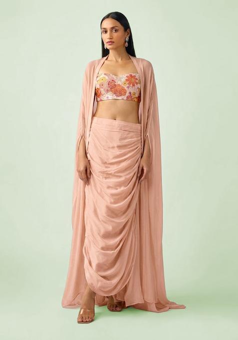 Peach Printed Crepe Fusion Set