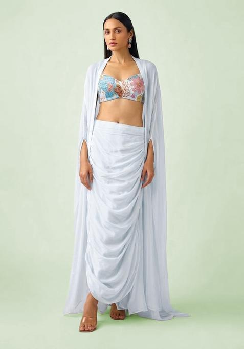 Pastel Blue Printed Crepe Fusion Set