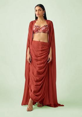 Red Printed Crepe Fusion Set