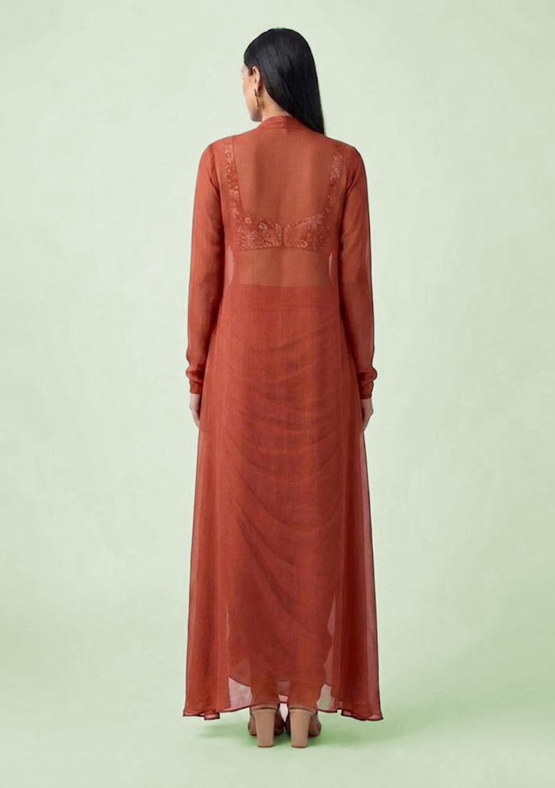 Red Printed Crepe Fusion Set - Indya