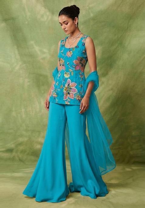 Cerulean Teal Printed Organza Sharara Set