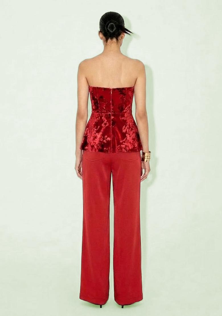 Red Printed Velvet Fusion Set - Indya