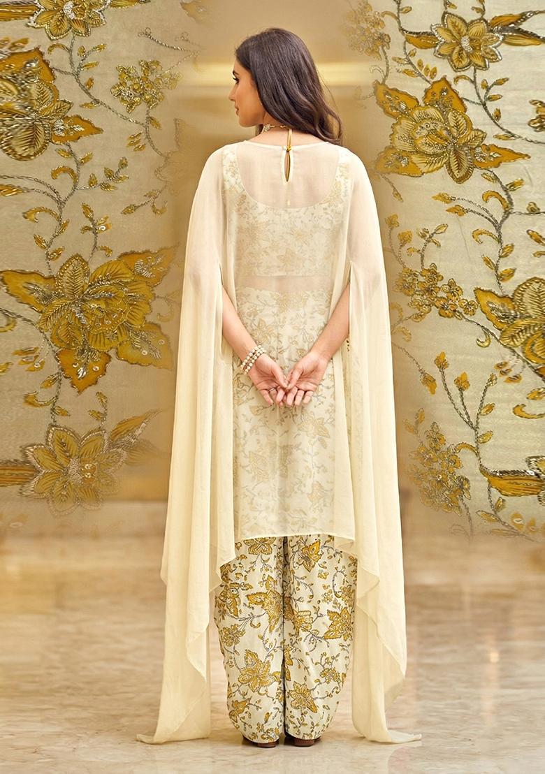 Off White Embroidered Crepe Fusion Set - Indya