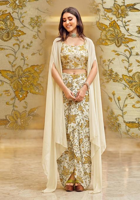 Off White Embroidered Crepe Fusion Set