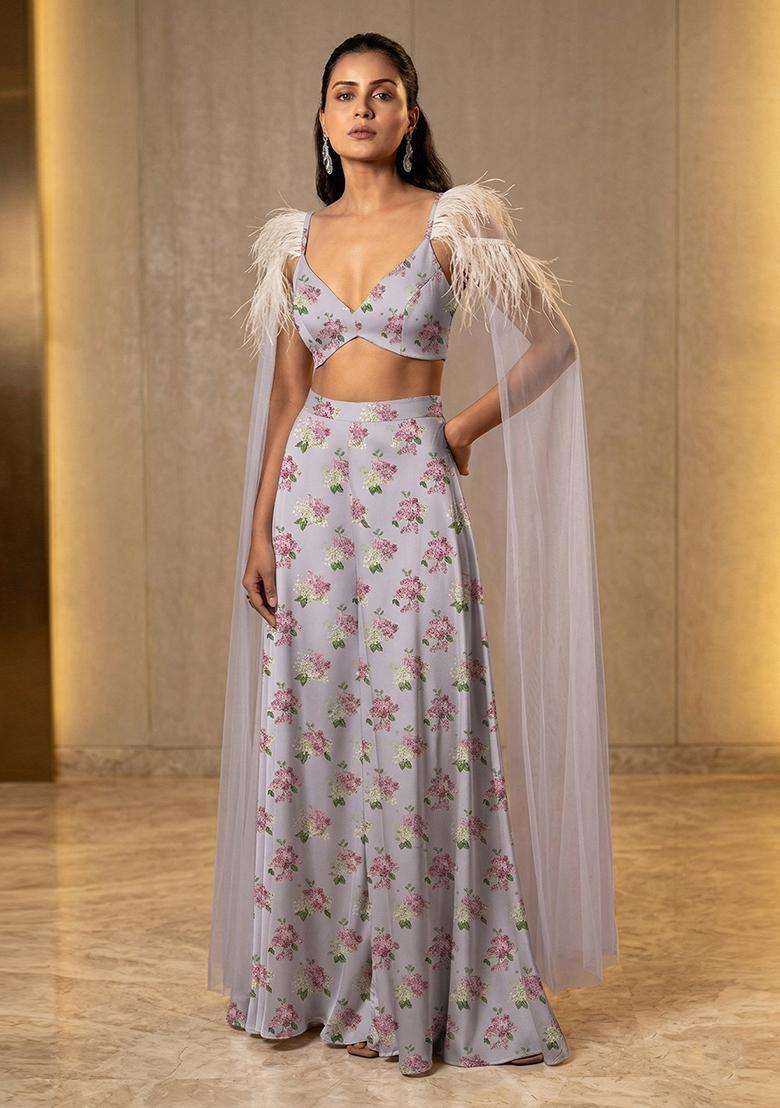 Lavender Satin Fusion Set with Printed for Diwali | Wedding & Festive Wear - Indya