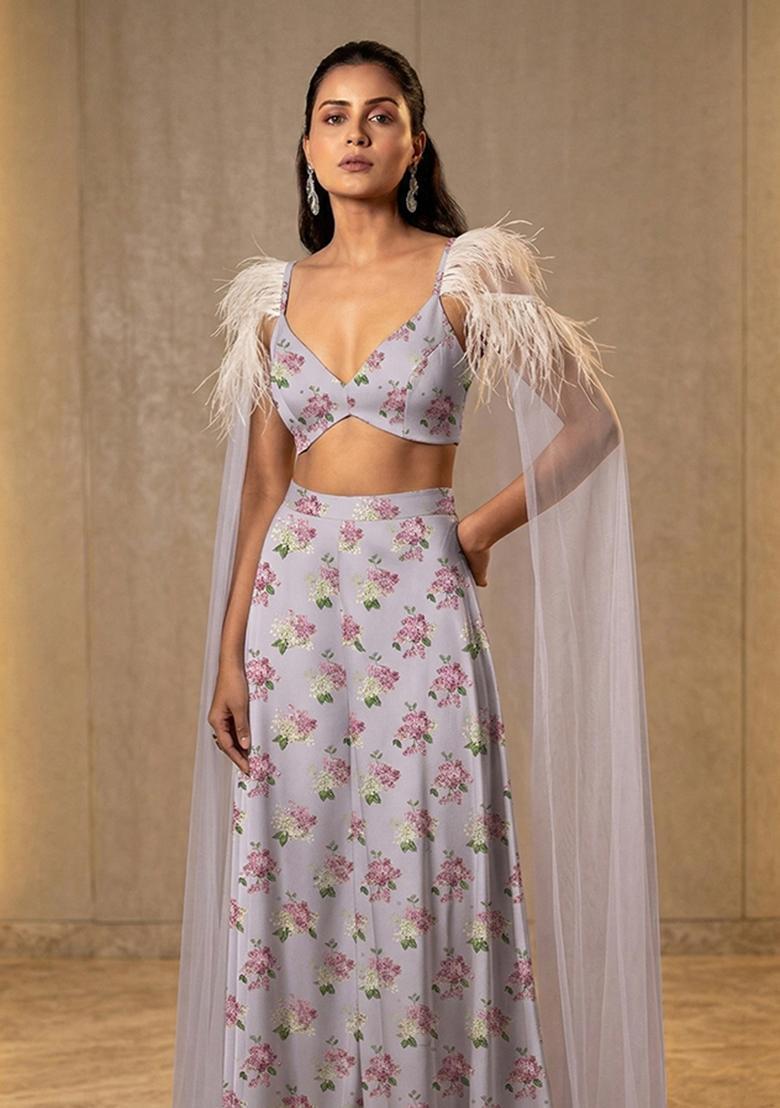 Lavender Printed Satin Fusion Set - Indya