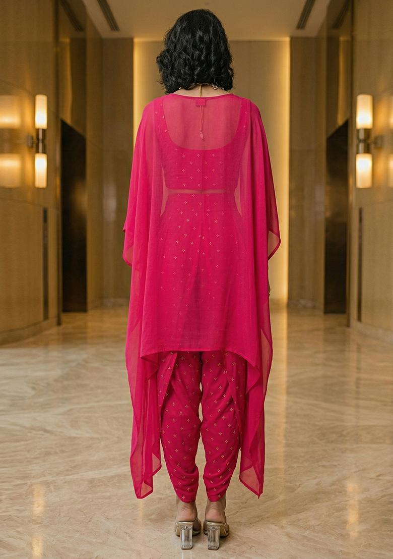 Hot Pink Embroidered Organza Fusion Set - Indya