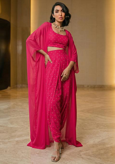 Hot Pink Embroidered Organza Fusion Set