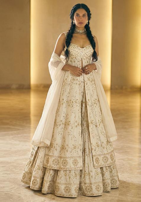 Off White Printed Crepe Anarkali with Dupatta