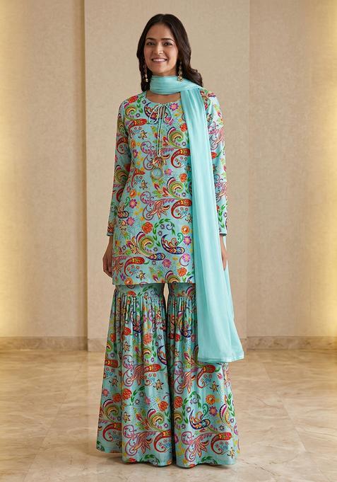 Sky Blue Embroidered Tissue Sharara Set