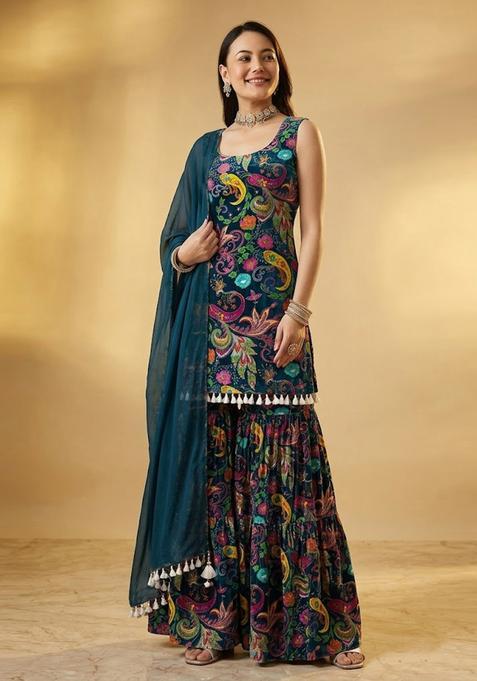 Teal Green Embroidered Tissue Sharara Set