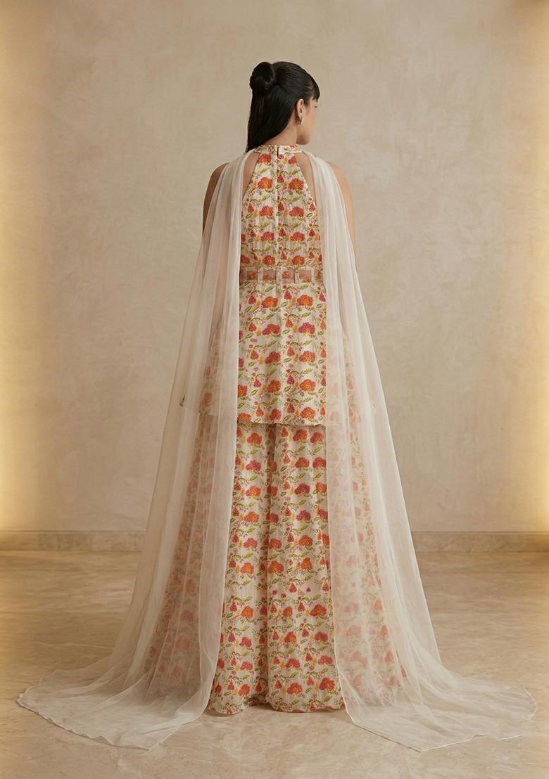Off White Printed Crepe Sharara Set - Indya