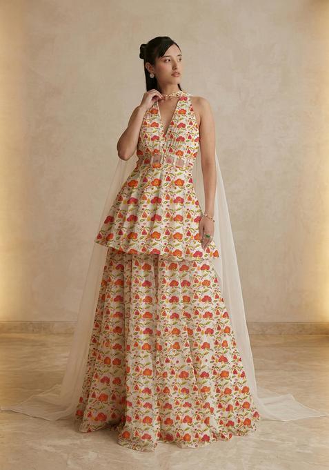 Off White Printed Crepe Sharara Set