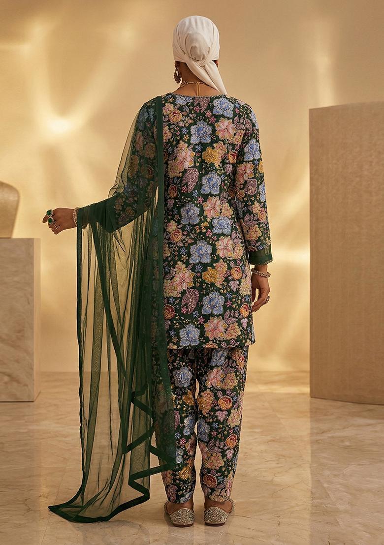 Bottle Green Printed Organza Kurta Set - Indya