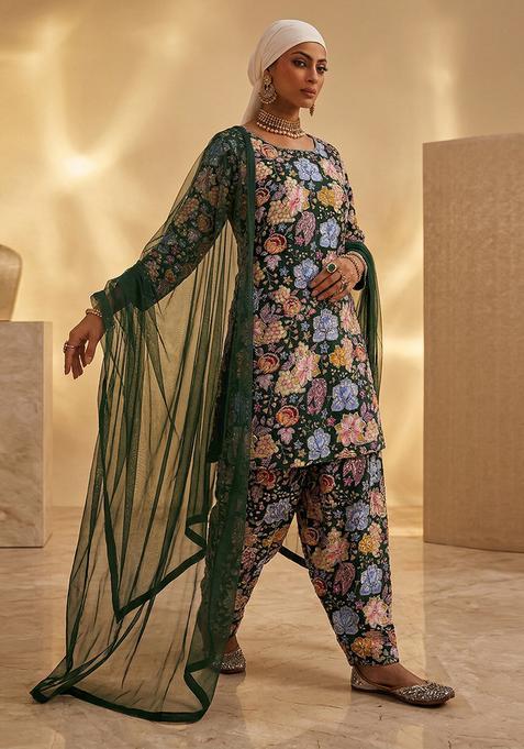 Bottle Green Printed Organza Kurta Set