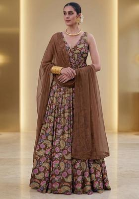Chocolate Brown Printed Organza Lehenga Set