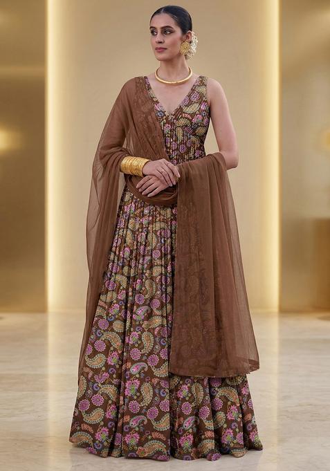 Chocolate Brown Printed Organza Lehenga Set