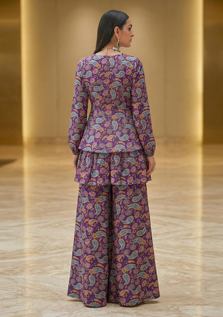 Violet Printed Organza Sharara Set - Indya