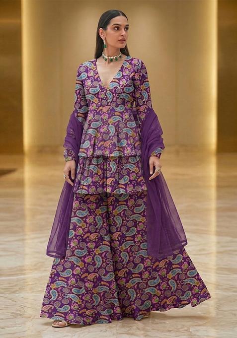 Violet Printed Organza Sharara Set