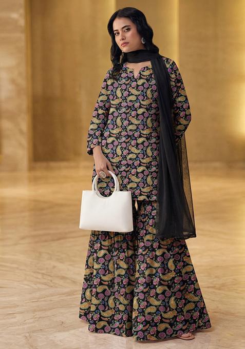 Black Printed Organza Sharara Set