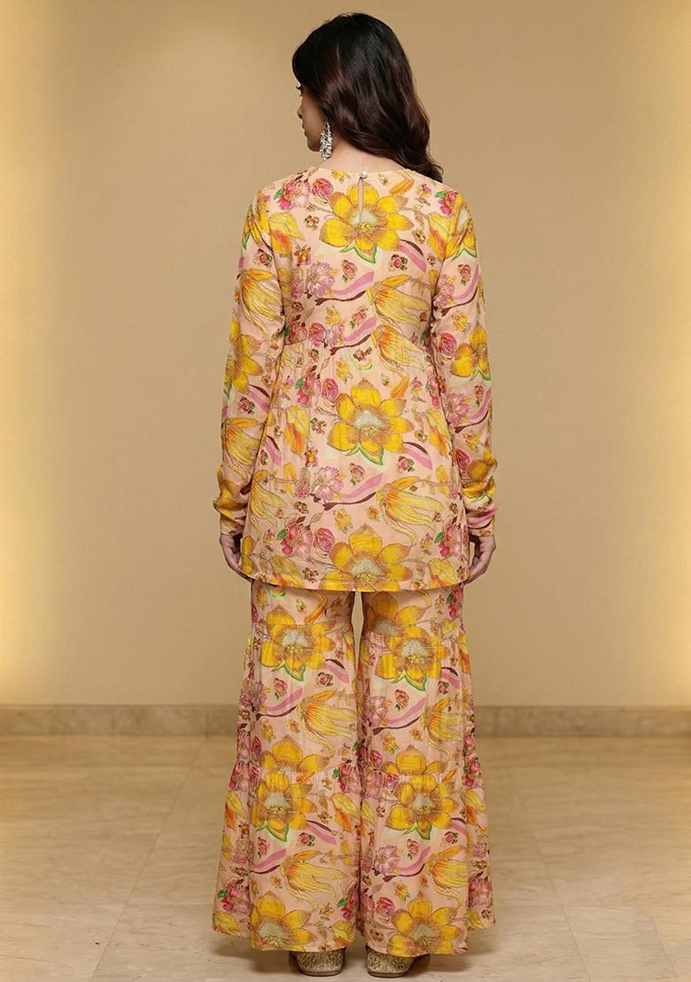 Peach Printed Organza Sharara Set - Indya