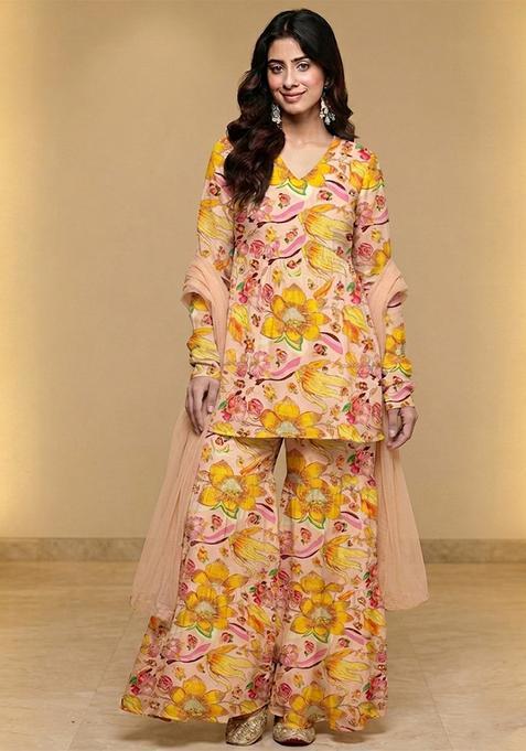 Peach Printed Organza Sharara Set
