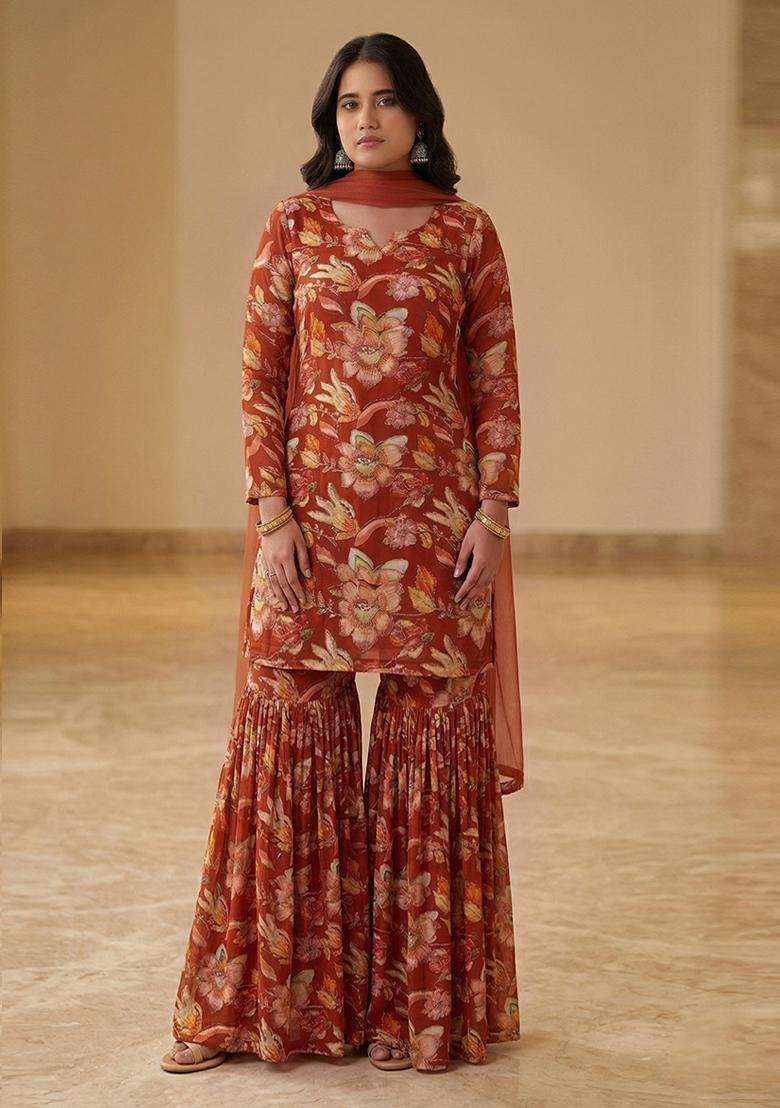 Rust Embroidered Crepe Sharara Set - Indya