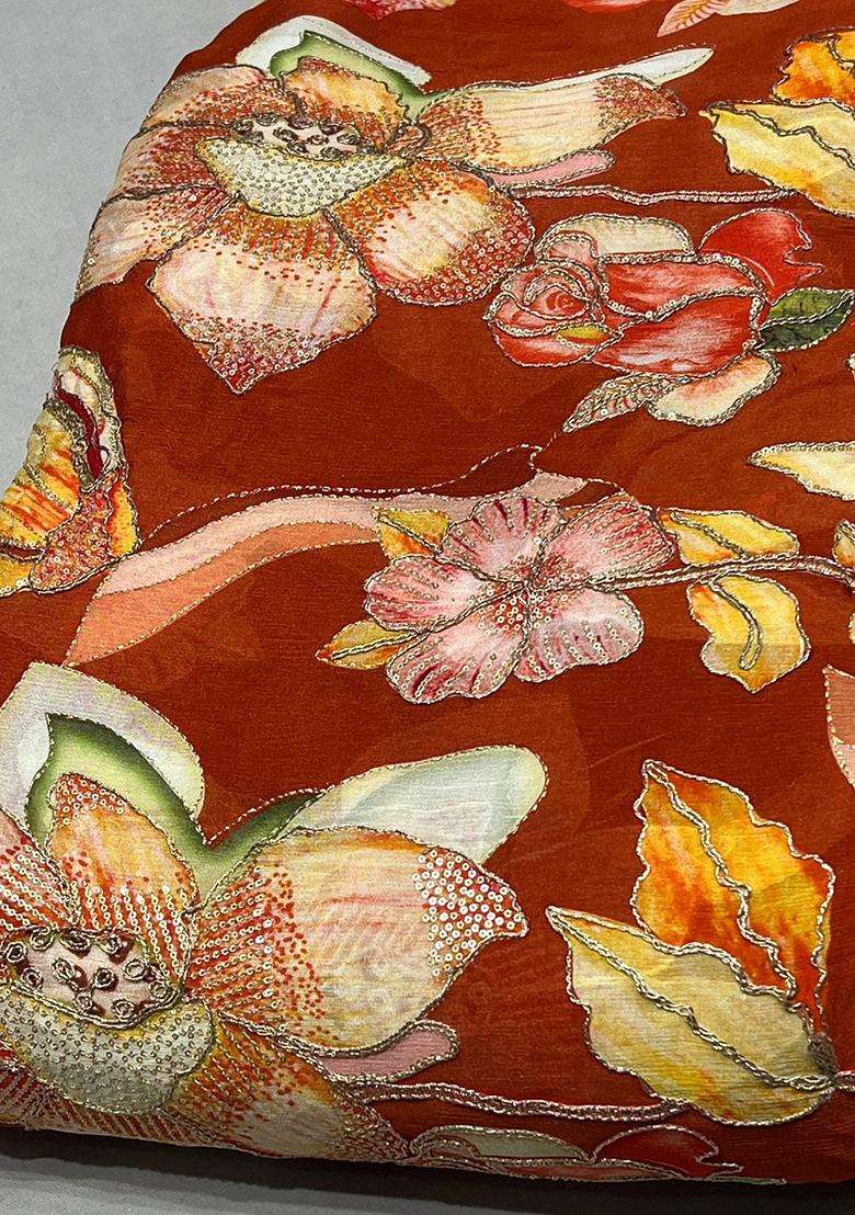 Rust Embroidered Crepe Sharara Set - Indya
