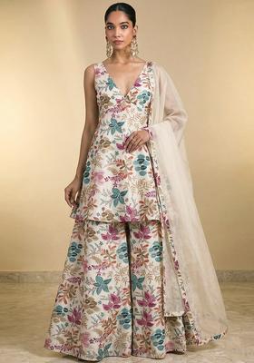 Off White Embroidered Crepe Sharara Set