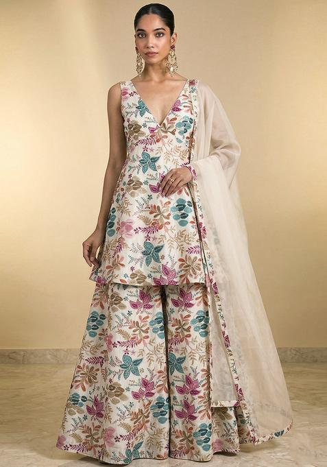 Off White Embroidered Crepe Sharara Set