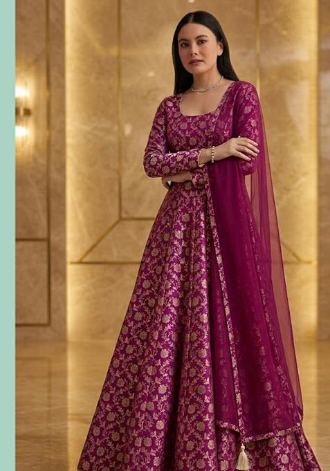 Wine Magenta Printed Crepe Anarkali Set