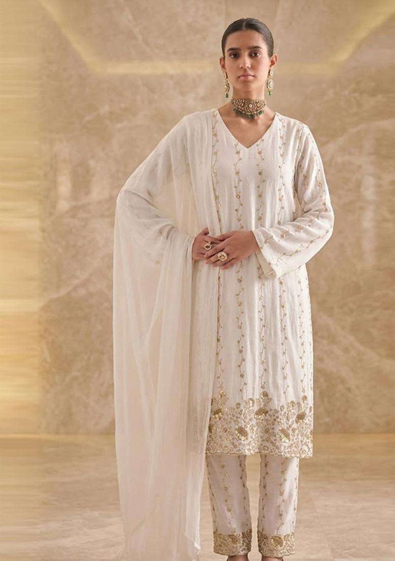 Ivory Embroidered Net Kurta Set - Indya