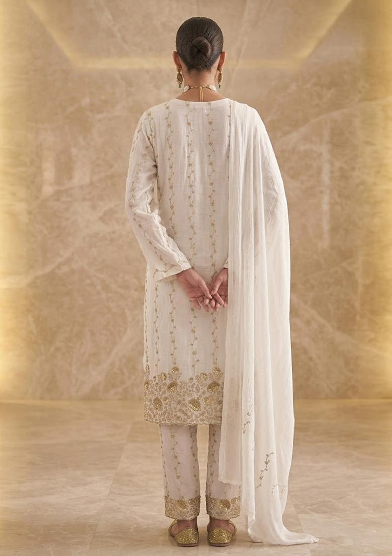 Ivory Embroidered Net Kurta Set - Indya