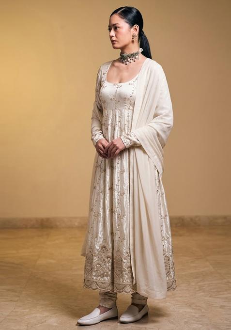 Off White Embroidered Net Anarkali Set