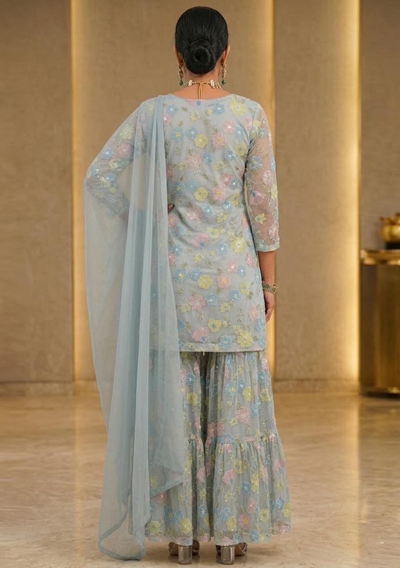 Powder Blue Embroidered Net Sharara Set - Indya