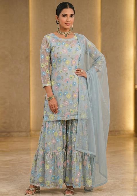 Powder Blue Embroidered Net Sharara Set