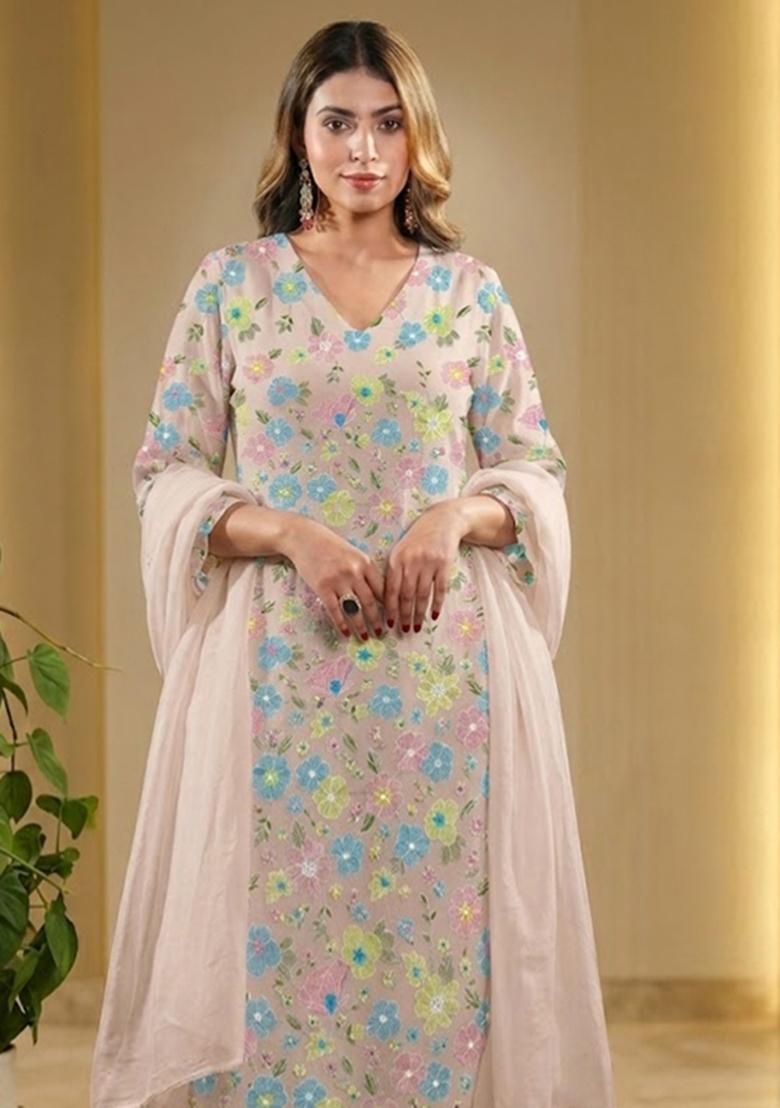 Blush Pink Embroidered Net Kurta Set - Indya